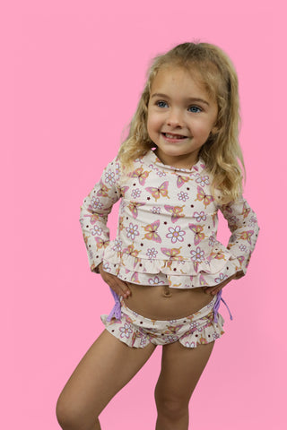 BLOSSOMIN’ BUTTERFLY DREAM 2-PIECE RASH GUARD RUFFLE SWIM SUIT