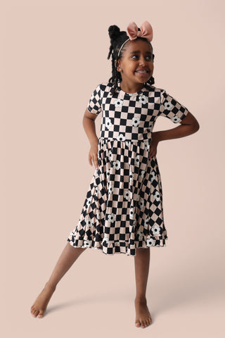 RETRO DAISY CHECKS DREAM SHORT SLEEVE RUFFLE DRESS