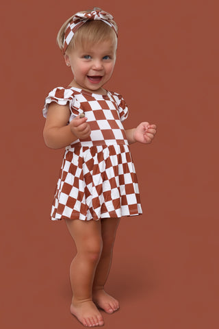 COPPER CHECKERS DREAM CAP SLEEVE BODYSUIT DRESS