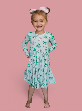 CLOVER BOWS LONG SLEEVE DREAM RUFFLE DRESS