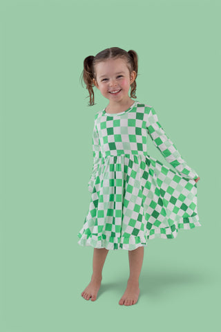 LUCKY CHECKERS LONG SLEEVE DREAM RUFFLE DRESS