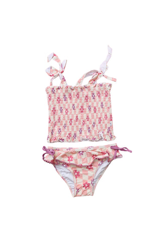 WAVY DAISY CHECKERS DREAM SMOCKED TANKINI TWO-PIECE SWIM SUIT