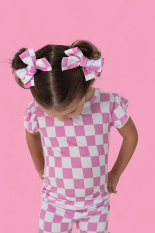 BUBBLEGUM CHECKERS DREAM BOW HAIR CLIPS