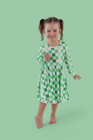 LUCKY CHECKERS LONG SLEEVE DREAM RUFFLE DRESS