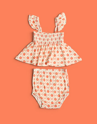 PEACH PERFECT BOWS DREAM SMOCKED BABYDOLL BUMMIES SET
