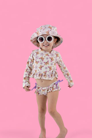 BLOSSOMIN’ BUTTERFLY DREAM 2-PIECE RASH GUARD RUFFLE SWIM SUIT