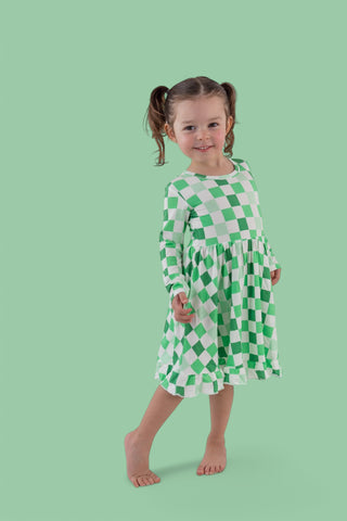 LUCKY CHECKERS LONG SLEEVE DREAM RUFFLE DRESS