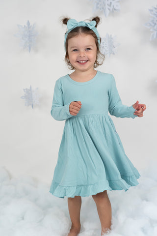 HAZY BLUE RIB DREAM RUFFLE DRESS