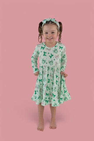 CLOVER BOWS LONG SLEEVE DREAM RUFFLE DRESS