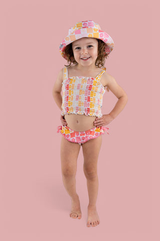 SUMMER SUNSET CHECKERS DREAM SMOCKED TANKINI TWO PIECE SWIM SUIT