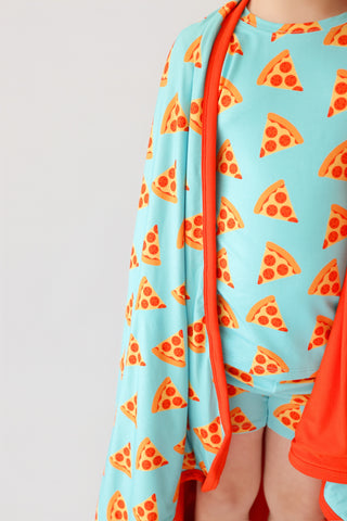 Light blue short set with pizza slice print, red trim, and matching cardigan or jacket.