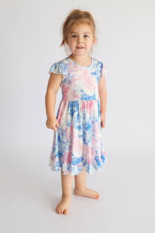 COTTON CANDY TIE DYE CAP SLEEVE DREAM RUFFLE DRESS