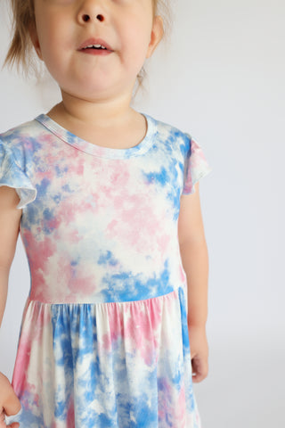 COTTON CANDY TIE DYE CAP SLEEVE DREAM RUFFLE DRESS