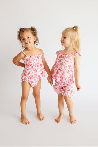BOW CHECKERED CHARM DREAM SMOCKED TIERED BODYSUIT DRESS