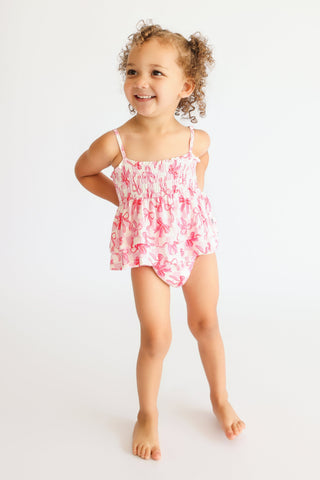 BOW CHECKERED CHARM DREAM SMOCKED TIERED BODYSUIT DRESS