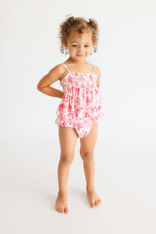 BOW CHECKERED CHARM DREAM SMOCKED TIERED BODYSUIT DRESS
