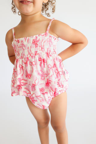 BOW CHECKERED CHARM DREAM SMOCKED TIERED BODYSUIT DRESS