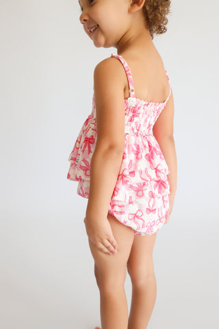 BOW CHECKERED CHARM DREAM SMOCKED TIERED BODYSUIT DRESS