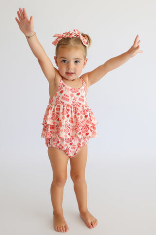 STRAWBERRY PARTY DELIGHT RUFFLED DREAM BUBBLE ROMPER