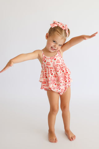 STRAWBERRY PARTY DELIGHT RUFFLED DREAM BUBBLE ROMPER