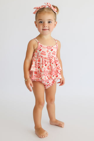 STRAWBERRY PARTY DELIGHT RUFFLED DREAM BUBBLE ROMPER