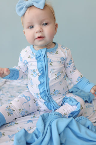 POWDER BLUE POSIE DREAM RUFFLE ROMPER