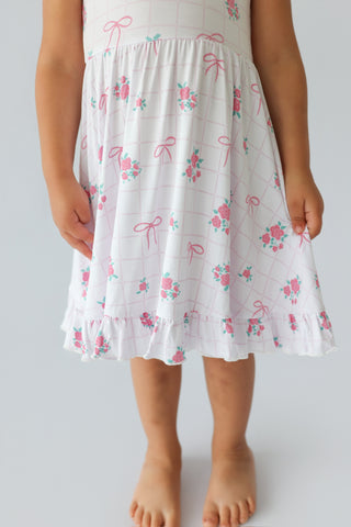 TIED WITH ROSES DREAM CAP SLEEVE RUFFLE DRESS