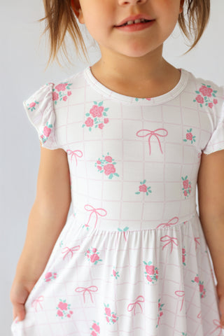 TIED WITH ROSES DREAM CAP SLEEVE RUFFLE DRESS