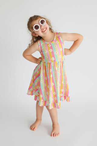 DAISY STRIPE DELIGHT SLEEVELESS DREAM RUFFLE DRESS