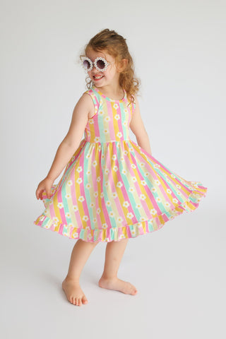 DAISY STRIPE DELIGHT SLEEVELESS DREAM RUFFLE DRESS