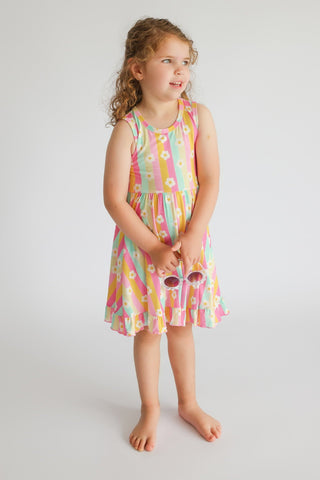 DAISY STRIPE DELIGHT SLEEVELESS DREAM RUFFLE DRESS