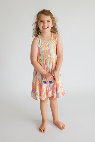 DAISY STRIPE DELIGHT SLEEVELESS DREAM RUFFLE DRESS