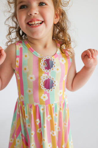 DAISY STRIPE DELIGHT SLEEVELESS DREAM RUFFLE DRESS