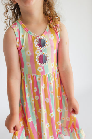 DAISY STRIPE DELIGHT SLEEVELESS DREAM RUFFLE DRESS