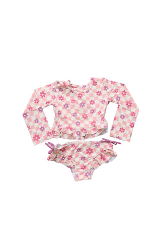 WAVY DAISY CHECKERS DREAM TWO-PIECE RASH GUARD RUFFLE SWIM SUIT