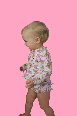 BLOSSOMIN’ BUTTERFLY DREAM 2-PIECE RASH GUARD RUFFLE SWIM SUIT