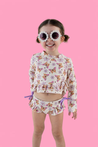 BLOSSOMIN’ BUTTERFLY DREAM 2-PIECE RASH GUARD RUFFLE SWIM SUIT