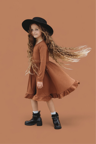 ESPRESSO LONG SLEEVE DREAM RUFFLE DRESS