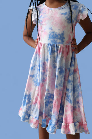 COTTON CANDY TIE DYE CAP SLEEVE DREAM RUFFLE DRESS