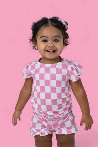 BUBBLEGUM CHECKERS DREAM RUFFLE SHORT SET