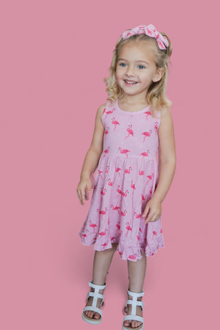 FLOCKING FLAMINGOS SLEEVELESS DREAM RUFFLE DRESS