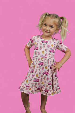 BLAZING BOWS AND HYDRANTS DREAM RUFFLE DRESS