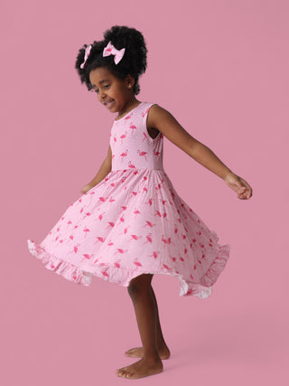 FLOCKING FLAMINGOS SLEEVELESS DREAM RUFFLE DRESS