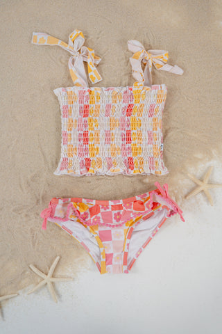 SUMMER SUNSET CHECKERS DREAM SMOCKED TANKINI TWO PIECE SWIM SUIT