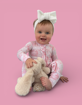 BLUSH BUNNY TOILE DREAM RUFFLE ROMPER