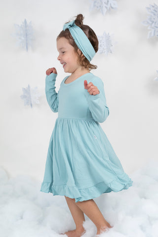 HAZY BLUE RIB DREAM RUFFLE DRESS