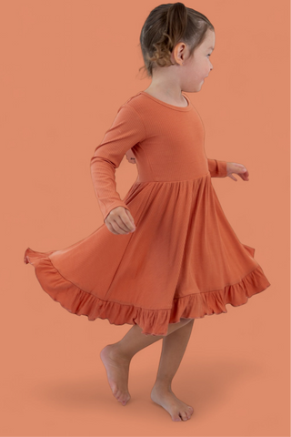 RUST LONG SLEEVE DREAM RUFFLE DRESS