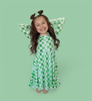 LUCKY CHECKERS LONG SLEEVE DREAM RUFFLE DRESS