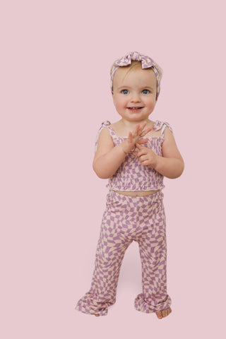 PLUM WAVY CHECKERS DREAM SMOCKED FLARE SET