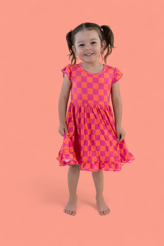 NEON DREAMS CHECKERS DREAM RUFFLE DRESS